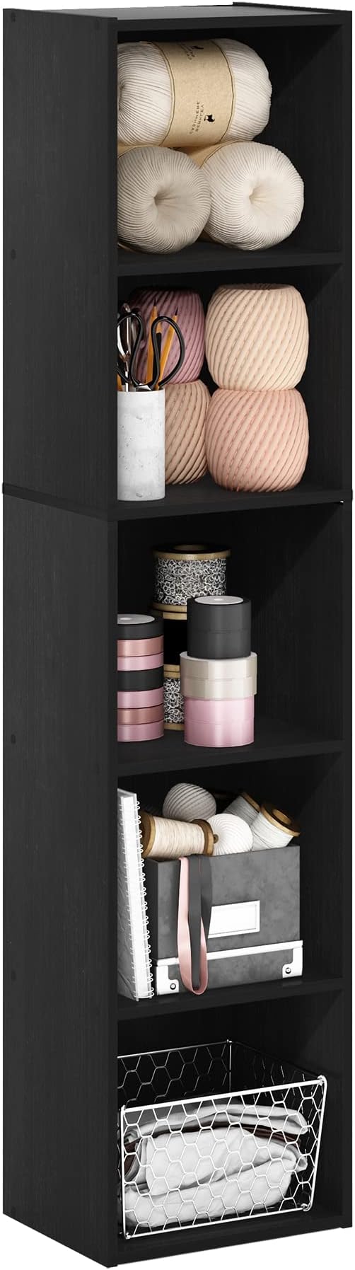 Furinno PASIR Book Shelf, 5-Tier Modern Bookshelf, Open Shelves Bookcase 9 x 12 x 52, for Living Room, Bedroom, Home Office, Blackwood
