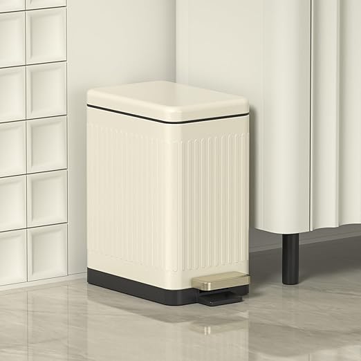 Mbillion Bathroom Trash Can with Lid-Stainless Steel Step Slim Garbage Can-Metal Wastebasket-10L/2.6 Gallon Rectangle Pedal Trash Bin for Narrow Office, Kitchen, Bedroom, Toilet-Soft Close, White