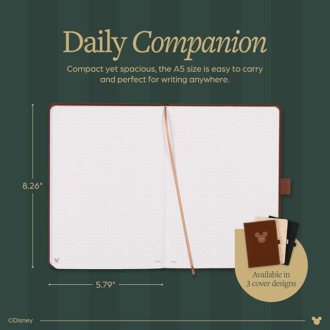 Happy Planner Disney Mickey Dot-Grid Journal for Office, School, or Journaling, Vegan Leather Notebook, A5 Size, 80 Pages, Espresso