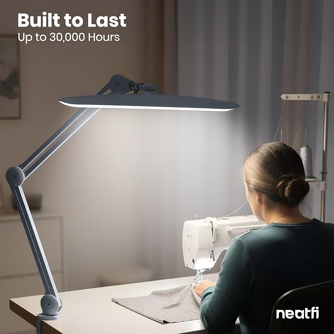 Neatfi XL 2,200 Lumens LED Desk Lamp with Clamp, 24 Watt Bright Architect Task Lamp, 20 Inches Dimmable Computer Light, Adjustable Desk Light for Home, Office, Crafts, Nails & Hobbies (Non-CCT, Gray)