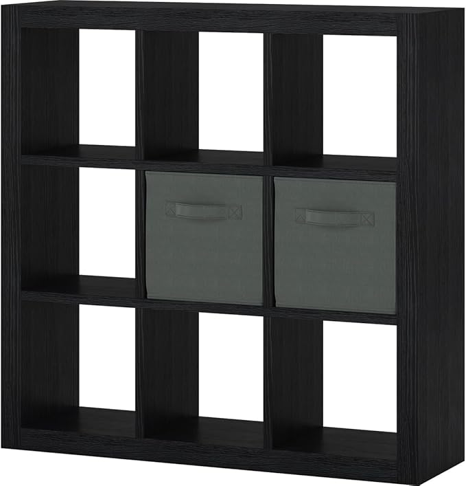 Bookshelf with Storage Bins, 9-Cube Storage Organizer Sturdy Wooden Bookcase Open Book Shelf, Multifunctional Cubicle Rack for Storage & Display, Furniture for Living Room Bedroom Office, Black
