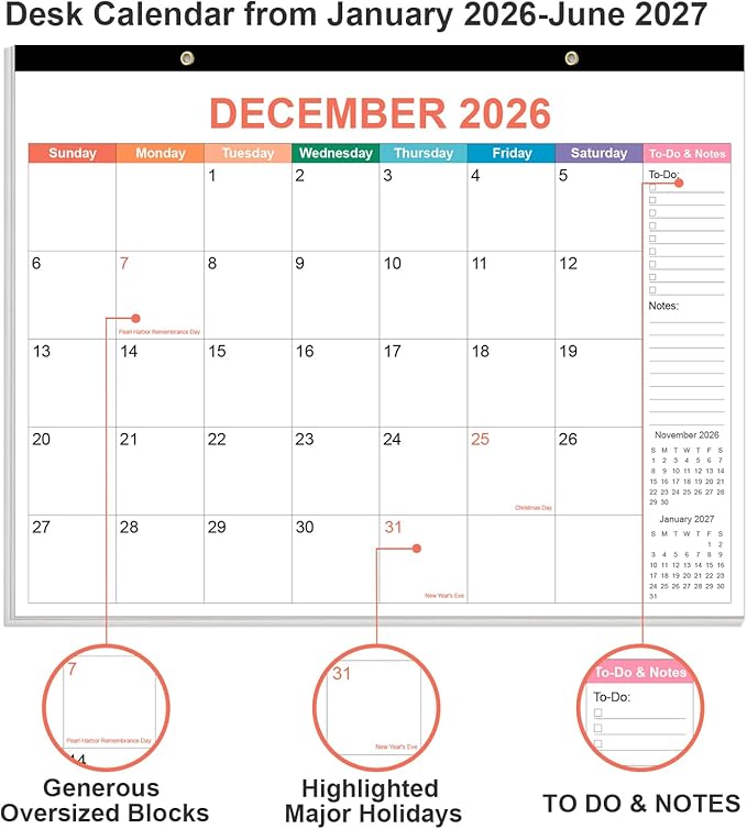 Desk Calendar 2026 - Calendar 2026-2027 from January 2026 to June 2027, 18 Months Calendar with Thick Paper for Office, Home, School Organizing, 14.5" X 11.5", Colorful