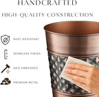 Monarch Abode Metal Bathroom Trash Can – Waste Basket for Bedroom, Office Desk, & Dorm, Handcrafted Geo Embossed, Durable Decorative Antique Copper Small Trash Can Bathroom Garbage Bin Wastebasket