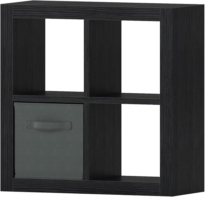 furtble Bookshelf with Storage Bin, 4-Cube Storage Organizer, Modern Wood Open Bookcase, Multifunctional Display Shelf for Living Room, Bedroom, Home Office, Black