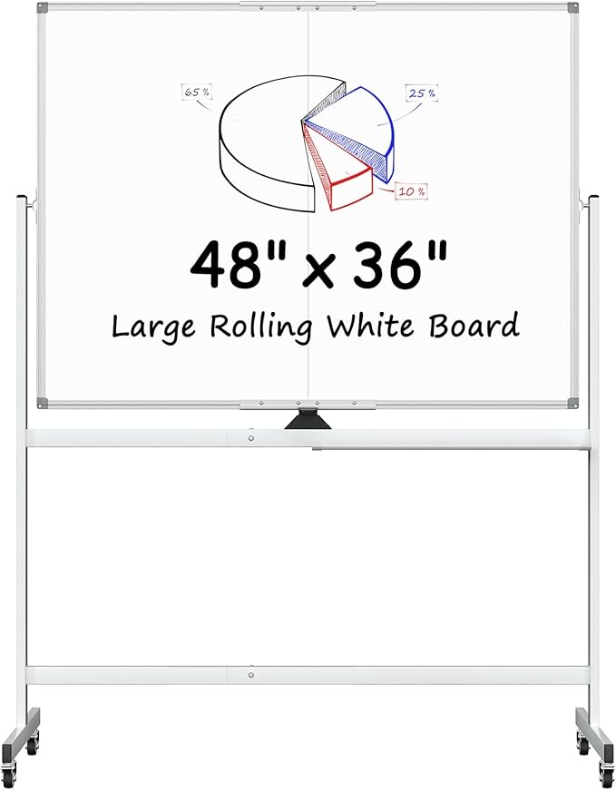 MaxGear Rolling Whiteboard on Wheels, 48" x 36" Large Magnetic Dry Erase Board with Stand, 4' x 3' Mobile Whiteboard with Aluminium Frame and Magnetic Surface for Office, School