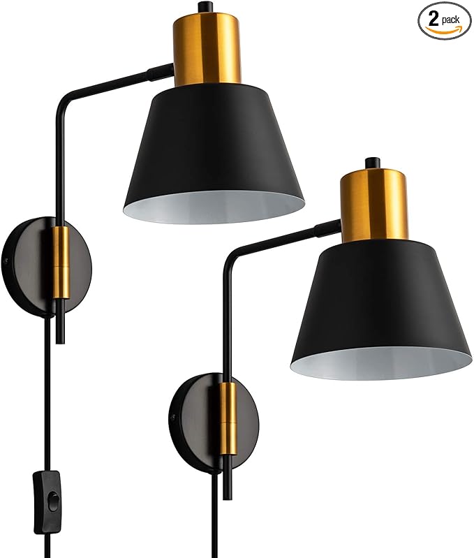 Ahaloye Modern Swing Arm Wall Sconce Plug in Set of 2, Rotatable Black Wall Lights with On/Off Cord for Bedroom, Living Room