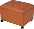 Decent Home 24" Square Ottomans with Storage, Leather Ottoman with Storage with Lockable Wheels and Hight Loading, Foot Stool Ottoman with Wheels for Makeup Room, Dorms and Apartments (Orange Brown)