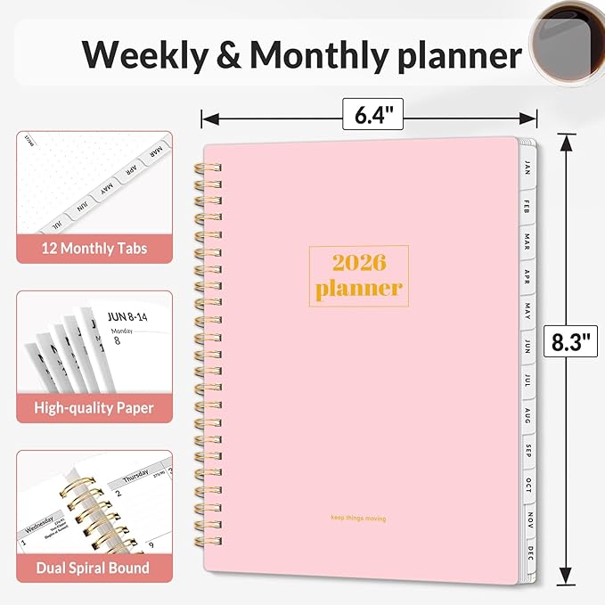 SUNEE 2026 Planner, Weekly and Monthly Calendar Planner, January 2026-December 2026, Daily Agenda with Tabs, Note Pages, Spiral Binding, 8.5"x11", Pink