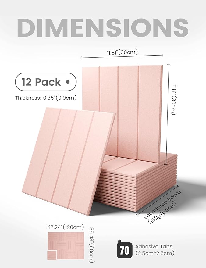 Fluxynara Felt Bulletin Board Tiles Large 48" x 36" Cork Board Alternative-12 Pack with 70 Adhesive Tabs, Thick Slat Wall Panels for Office Decor, Push Pin Board Wall Organizer Alternative -Pink