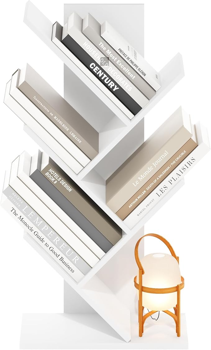 Furinno Tree Book Shelf, 5-Tier Bookshelf, Tree Bookcase for Room Decor, 8.4 x 15.7 x 30.3, for Living Room, Bedroom, Home Office, White