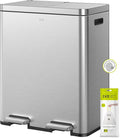 EKO Edison Dual Trash Can for Recycling and Trash, 8+8 Gallons Kitchen Garbage Can with Dual Removable Inner Liners, Independent Lids and Pedals, Matte Stainless Steel
