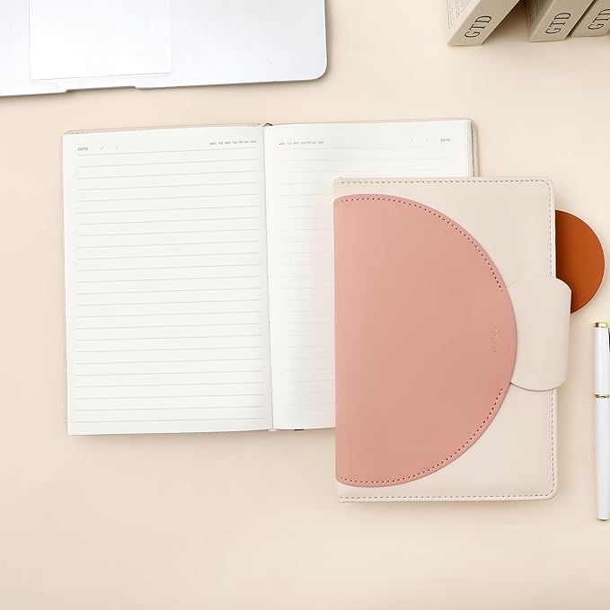 CAGIE Lined Journal for Women, 100GSM Leather Journals for Writing with Buckle Closure,A5 Hardcover Diary Journaling Notebooks for Business Work School Note Taking 5.9" x8.59 (Pink)