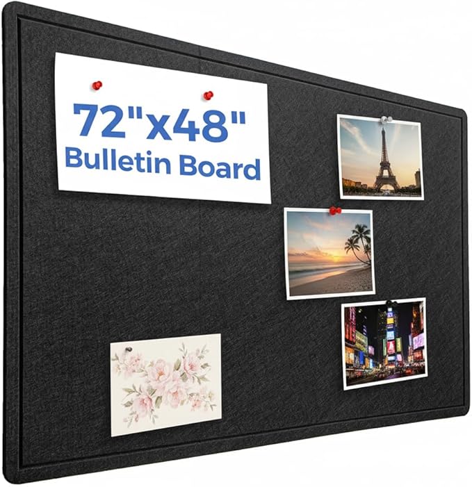 DexBoard Foldable 72x 48 inch Large Bulletin Board for Wall, Decorative Picture Display Felt Board with Self-Adhesive Tape for School, Home, Kitchen & Office Walls, Includes 30 Pins, Black
