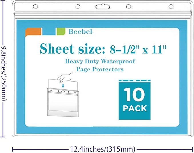 Beebel 10 Pack Job Ticket Holders 8 1/2" x 11" Waterproof Zip Page Protectors Heavy Duty Dry Erase Document Storage Shop Ticket Holders (Clear-Horizontal)