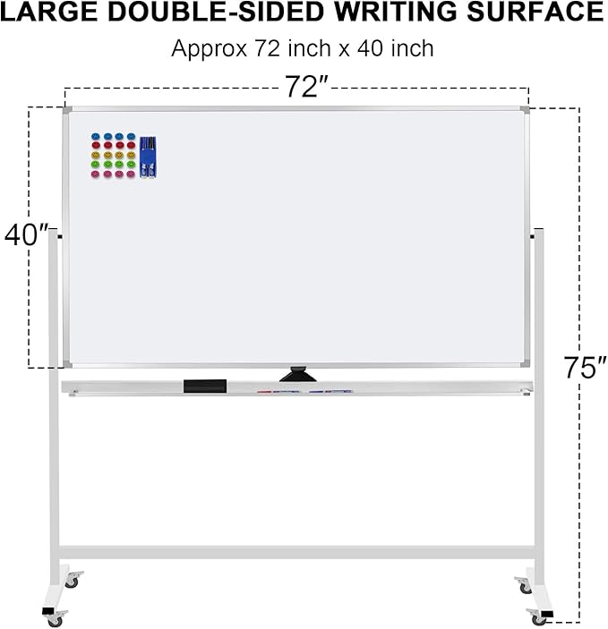 Max-officoo Mobile Whiteboard 72"x40" Magnetic Dry Erase White Boards on Wheels Double-Sided Large Whiteboard with Rolling Stand for Classrooms, Offices and Home