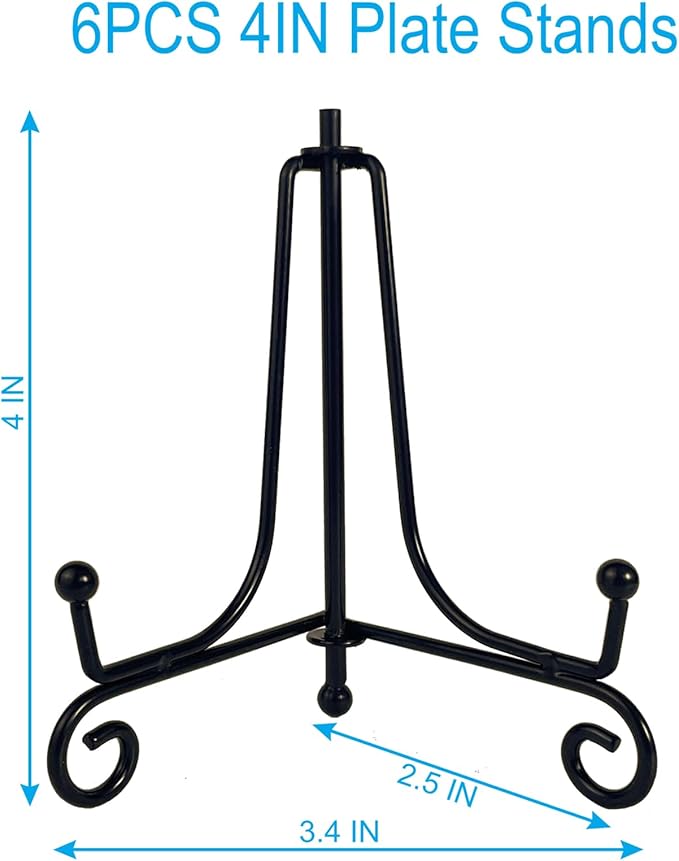 HENABLE 6PCS Premium Black Iron Plate Stands for Display 4 Inch, Decorative Solid Metal Plate Holders for Displaying, Mini Easel, Frame, Book, Card, Plaque, Bowl, Picture Stands for Display