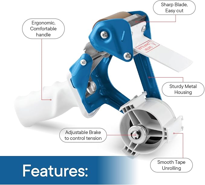 TAPEWELL Heavy Duty Metal Frame 2 Inch Wide Packing Tape Dispenser Gun with Special Ergonomic Handle, 3" Core, Premium Tempered Steel Blade