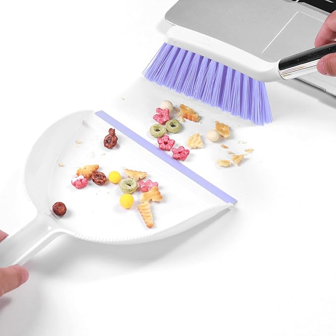 NACENA Mini Broom and Dustpan Set, Small Dust Pan and Brush Set with Handle Dustpan Teeth for Cleaning Hair Suitable for Office Desks Drawers Sofas Outdoor Camping, Light & Purple