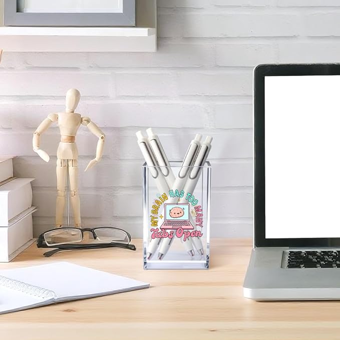 Vgrti My Brain Has Too Many Tabs Open Acrylic Cosmetic Pencil Pen Holder Cup, Cute Desk Organizer Accessory for Home Office Decor, Funny ADHD Gifts, Humor Sarcastic Work Gifts for Women Coworker Boss