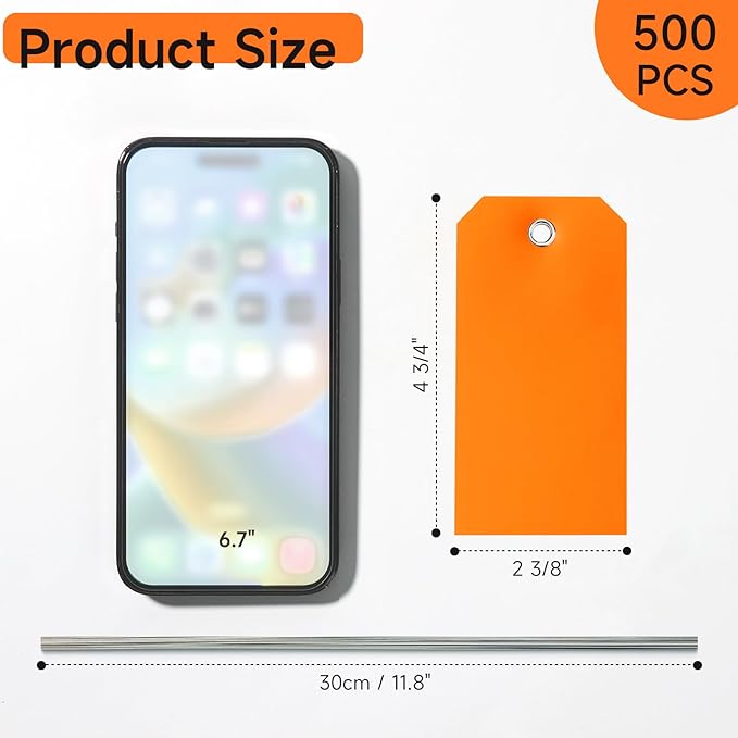 500 Plastic Shipping Tags with Wire - Waterproof Heavy Duty Labels with String Wires - Orange, 4 3/4 x 2 3/8