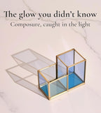 FONDAZZA Gold & Blue Glass Desk Organizer - Elegant Office Decor, Aesthetic Makeup Brush Holder, 2-Compartment Pen Holder, Pencil Cup, Vanity & Cosmetic Storage, Desk Accessories for Women