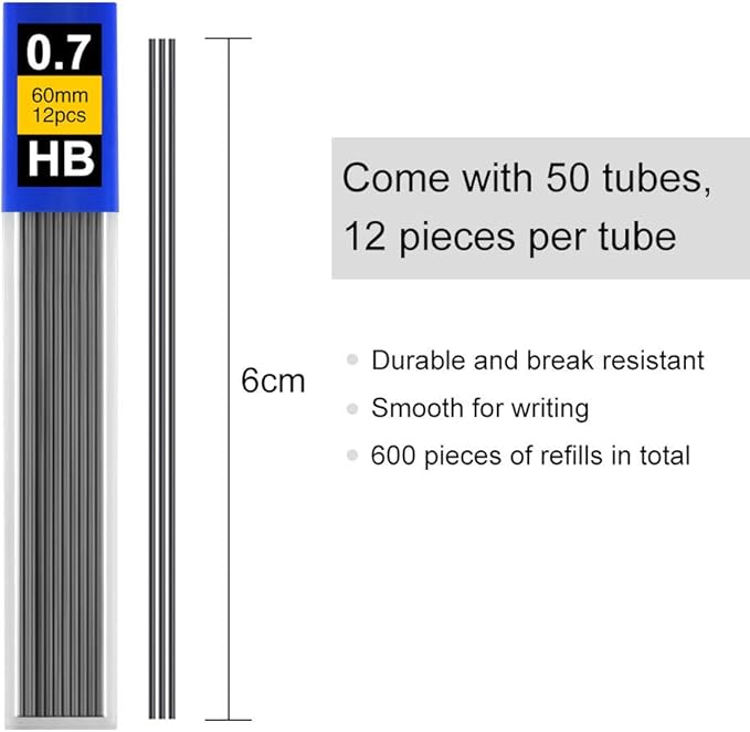 Coopay 600 Pieces Lead Refills 0.7 mm HB Break Resistant Mechanical Pencil Refills, 12 Pack Per Tube, 50 Tubes(0.7 mm)
