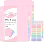 SKYDUE 8 Tab Durable Plastic Dividers,2Sets, Big Tab Dividers for 3 Ring Binder, Write&Erase 3 Ring Binder Dividers with Tabs, with Sticker Labels, Long-Lasting Plastic Pastels Binder Dividers