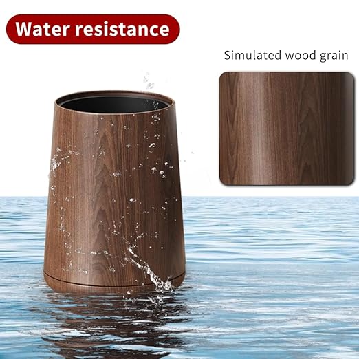 LEASYLIFE 8L/2.1GAL Modern Metal Waste Bin with Realistic Wood Texture,Built-in Bag Holder,Open-Top Trash Bin for Bathroom,Home,Office,Living Room (2.1gal Cone)