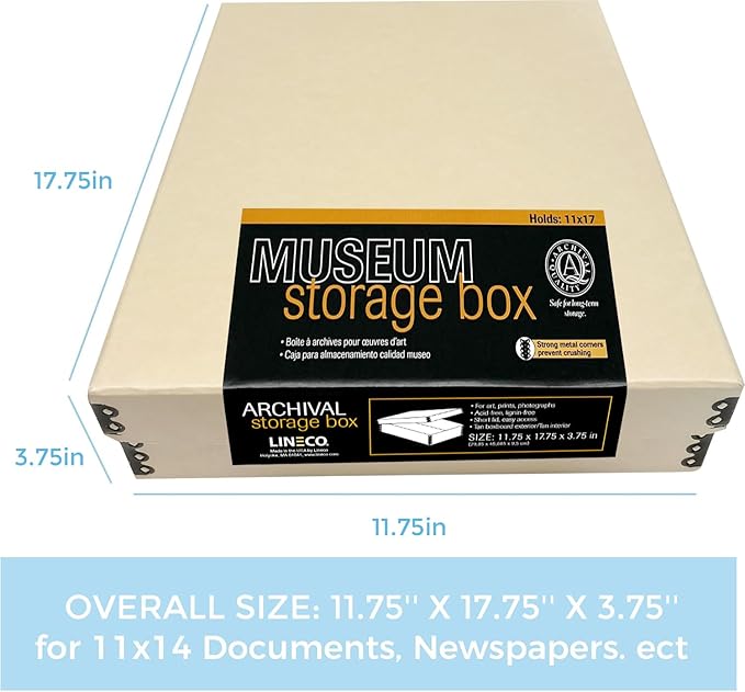 Lineco Museum Archival Storage Box, 11.75x17.75x3.75 in. Drop Front Design. Acid-Free with Metal Edge. Organize Photos, Pictures, Prints, Documents, Crafts, DIY. Tan, 1 Pack