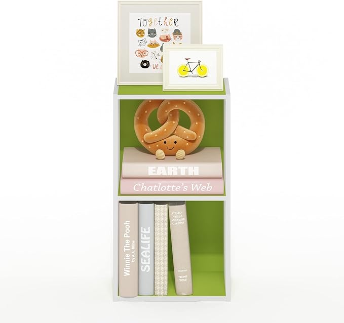 Furinno PASIR Book Shelf, 2-Tier Modern Bookshelf, Open Shelves Bookcase 9 x 12 x 21, for Living Room, Bedroom, Home Office, Green/White
