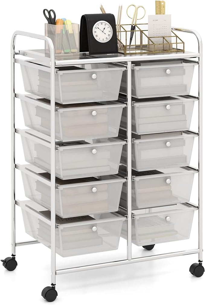 HAPPYGRILL 10-Drawer Rolling Storage Cart, Storage Organizer Cart with Lockable Wheels, Beauty Salon Movable Utility Cart for School, Office, Home, (Clear)