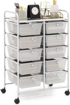 HAPPYGRILL 10-Drawer Rolling Storage Cart, Storage Organizer Cart with Lockable Wheels, Beauty Salon Movable Utility Cart for School, Office, Home, (Clear)
