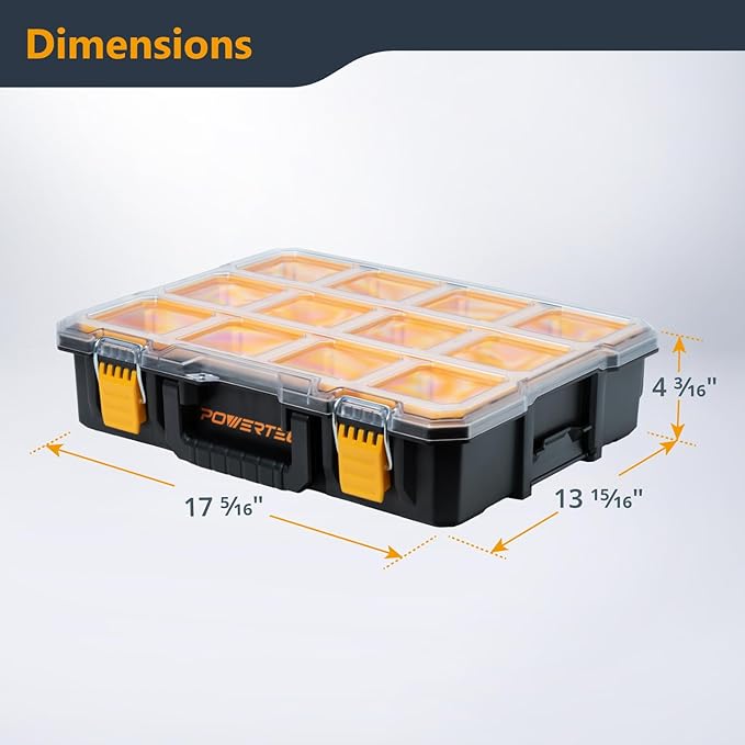 POWERTEC Small Parts Organizer & Tool Box – 10 Compartments, IP65 Water & Dust Protection, Stackable Storage with Interlocking Latch, Removable Tray, Clear Lid, Portable Design, 2-Pack (72365-P2)