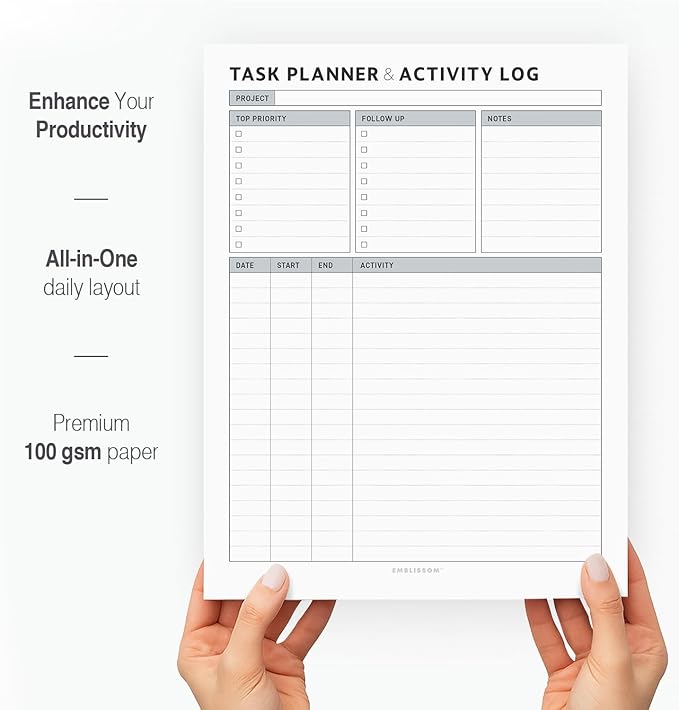 Task Planner & Tracker 8.5 x 11 Tear-Off 70 Sheet Planner Pad – Project Organizer with Time Log, Top Priority, Follow-Up – Notepad for Home & Office (White, Classic, 2 Pack)