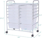 Happygrill 12-Drawer Rolling Storage Cart, Multipurpose Storage Cart W/Lockable Wheels, 2 Sizes Plastic Drawers & Metal Shelf, Mobile Utility Cart for Home Office School