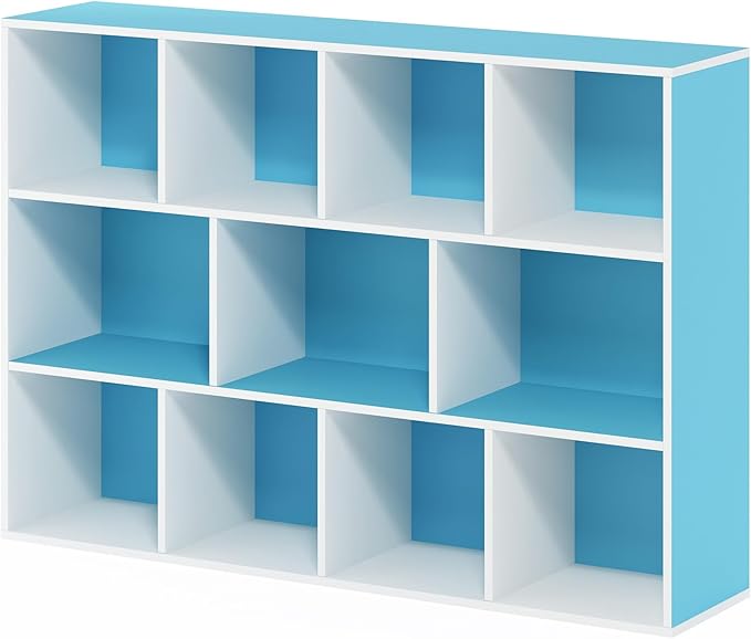 Furinno LUDER Book Shelf, 11-Cube Bookshelf, Reversible Bookcase, 9.4 x 29.1 x 41.7, for Living Room, Bedroom, Home Office, White/Light Blue