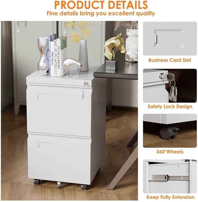 SUXXAN 2 Drawers Mobile File Cabinet, Metal Under Desk Cabinet with Lock, for Office & Home, Legal/Letter Size, W14.57”x D17.36”x H25.79”, Assembly Required(White)