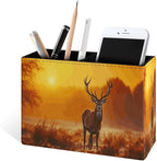 Famame Fall Deer Sunset Pencil Holder for Desk, Leather Desktop Container Pen Cup Storage Study Table Pen Organizer Makeup Brush Holder for Classroom Office Home