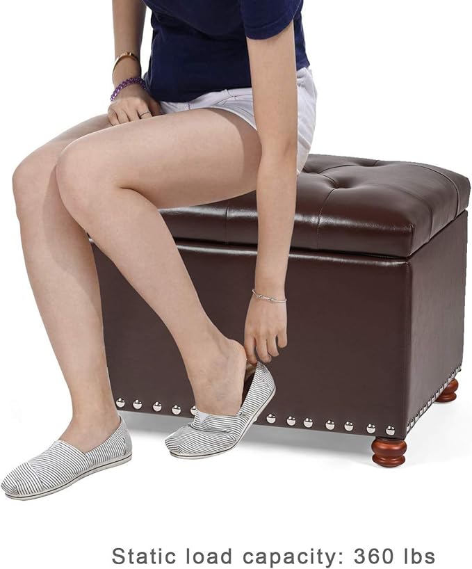 Decent Home Leather Storage Ottoman Bench Foot Rest Stool with Nailhead Trim (Dark Brown - Button Tufted Leather)