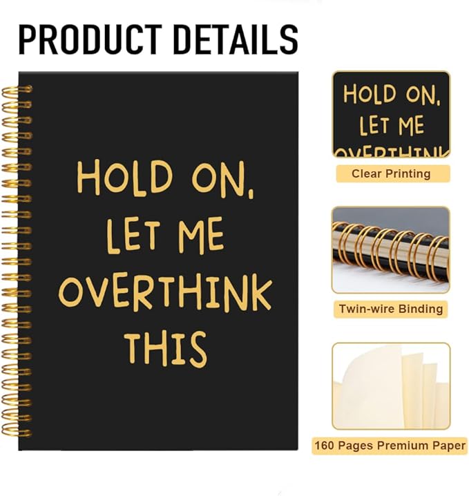 Mhfpl Hold On Let Me Overthink This Black Golden Spiral Blank Notebook, Funny Saying Sarcastic Gifts for Employee, Work Gag Gifts for Staff, Office Gifts for Colleague, Thank You Gifts for Teammate