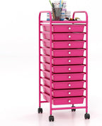 Giantex 10-Drawer Storage Cart w/Universal Wheel, Rolling Cart w/Handle, Home Organizer Storage Unit w/Removable Drawers, Trolley Utility Cart for Kitchen Makeup Living Room Office Play Room, Hot Pink