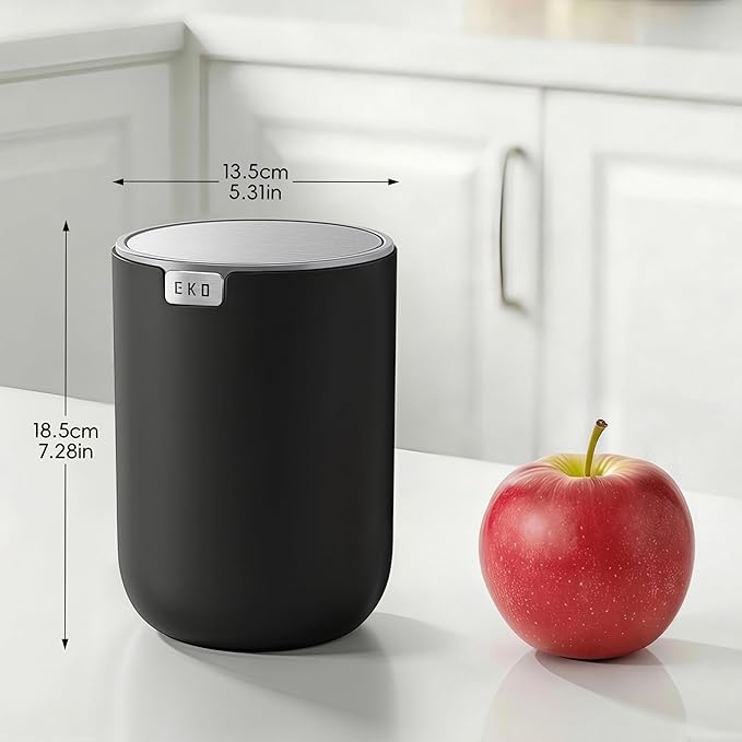 EKO Fandy 0.58 Gal/2.2L Mini Trash Can with Lid, Swing-Top Desktop Trash Can for Bathroom, Countertop, Vanity, Desk or Office, Small Garbage Bin (Black)