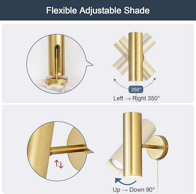 Ahaloye Gold Plug in Wall Sconce, Modern Swing Arms Wall Lamp with Cord Wall Light for Bedroom (Bulb Included)
