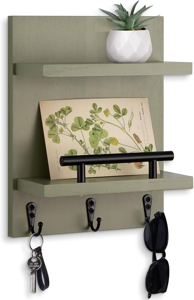Lucundm Key Holder Wall Mount, Mail Shelf Decor with 3 Key Hooks, Versatile Wood Wall Organizer for Entryway Hallway (8.2” x 10.6”x 3.6”) (Sage Green)
