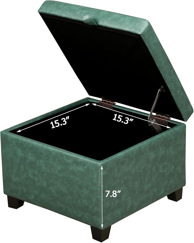 Adeco Green Faux Leather Storage Ottoman with Hinged Lid, 14" Green Square Cube Foot Stool with Storage, Upholstered Vanity Stool with Black Solid Wood Legs for Living Room, Bedroom