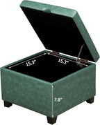 Adeco Green Faux Leather Storage Ottoman with Hinged Lid, 14" Green Square Cube Foot Stool with Storage, Upholstered Vanity Stool with Black Solid Wood Legs for Living Room, Bedroom