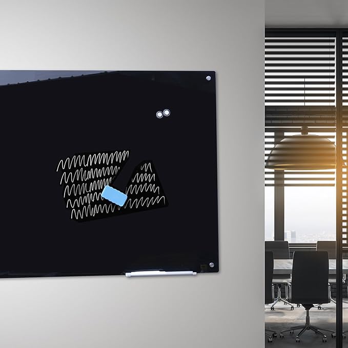 JYYPWB Magnetic Glass Whiteboard 48" x 36" Dry Erase Board Frameless Premium Tempered Galssboards Wall Mounted Glossy writeboard with Eraser, Marker Tray for Interactive Office, (Black)