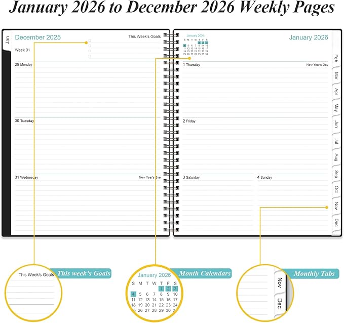 2026 Planner - Planner 2026 from January 2026 to December 2026 with 12 Monthly Tabs, Flexible Cover, Inner Pocket, 8.5" x 11", Black-A