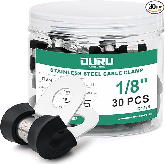 OURU 30pcs 1/8 Inch Stainless Steel Cable Clamps,Rubber Coated Cushioned Insulated Cable Clamp,Automotive Cable Wire Clamps,Pipe Clamps,Metal Clamp for Tube,Lines,Wire Cord Installation(Black,3mm)