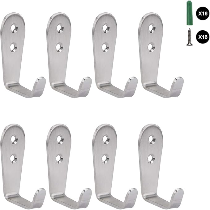 Flyisland Wall Hooks 8 Pcs, Coat Hooks Garage Hook Wall Mounted Hat Hangger Hooks Robe Hook Single Coat Hanger Heavy Duty (8 Pack, Silver)